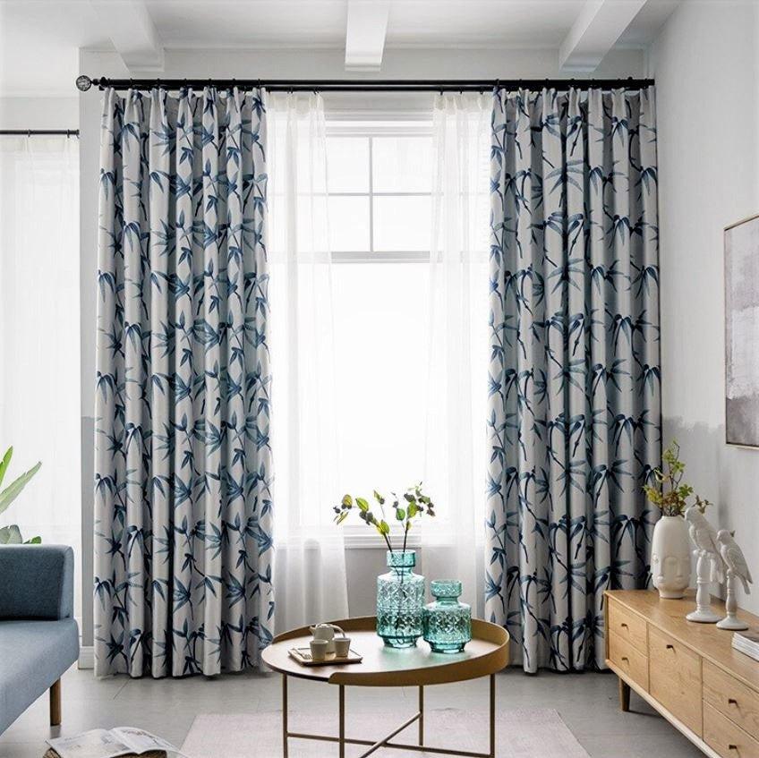 Evela custom made curtains, bamboo pattern curtains, blue curtains, online curtain shop, Gardinen nach Maß